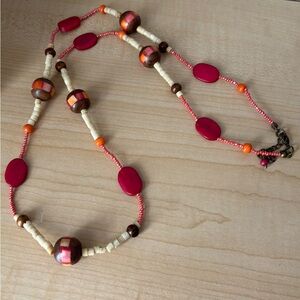 Colorful Beaded Necklace in Red, Orange, & Natural Tones- Measures 30 in Length